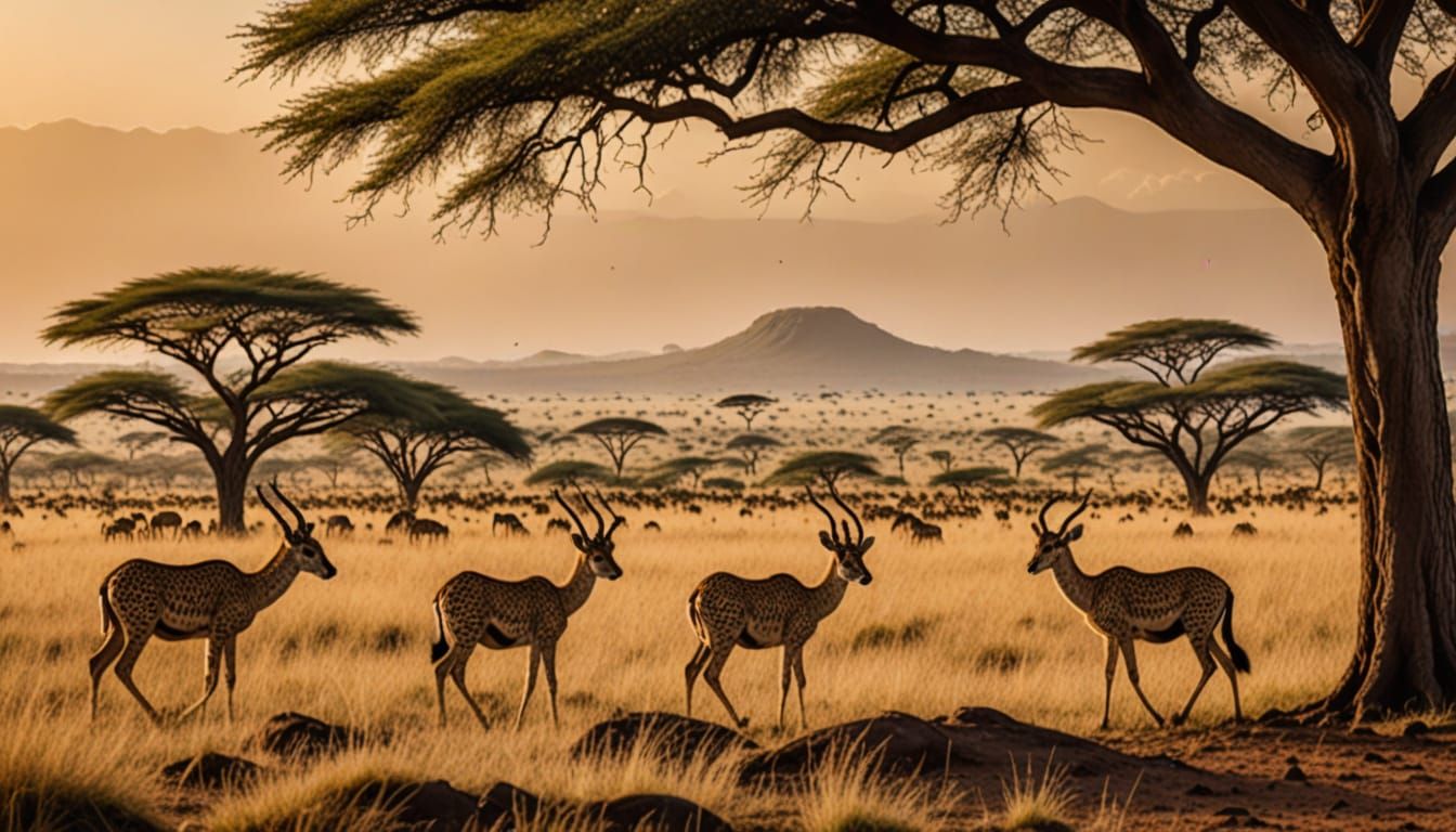 African Savanna with Gazelles and Cheetah at Sunset