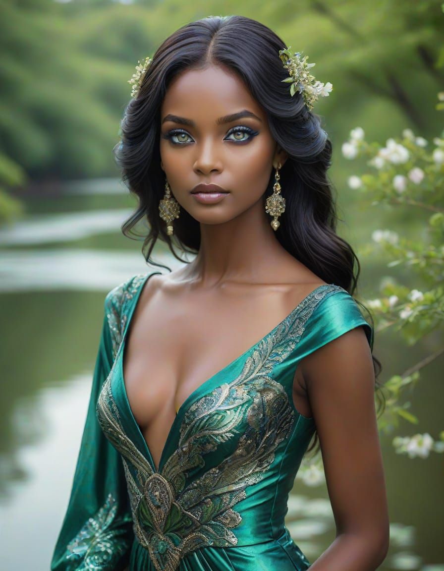 Elegant Woman in Metallic Gown Amidst Verdant Landscape