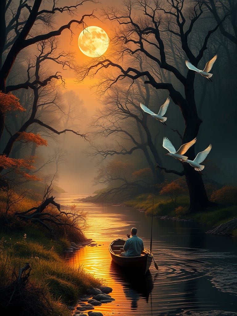 Meditative Angler in a Sunset Forest