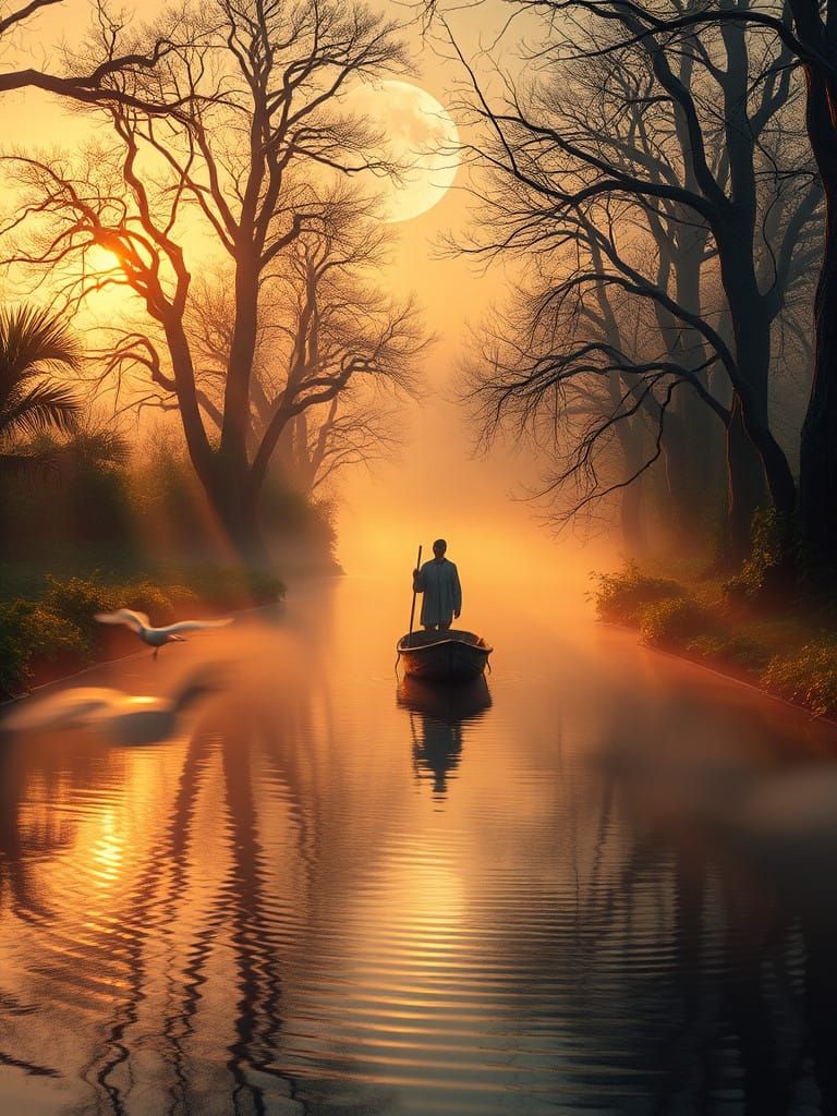 Surreal Sunset Scene with White Herons and Wooden Boat