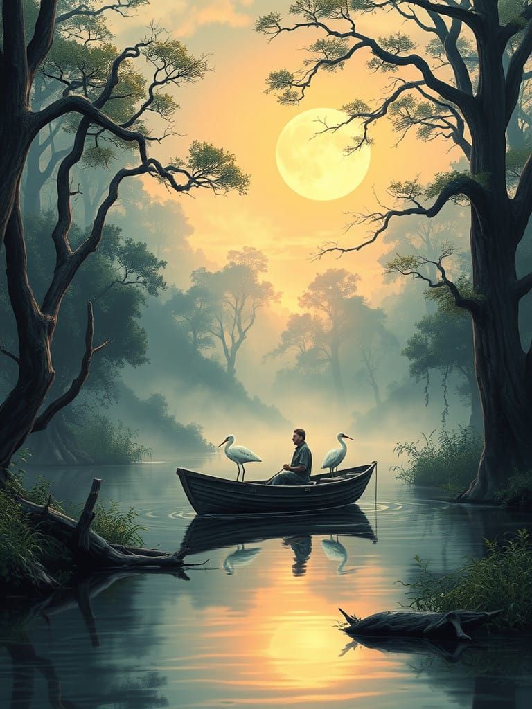 Man Glides on Moonlit Stream Surrounded by White Herons in a...