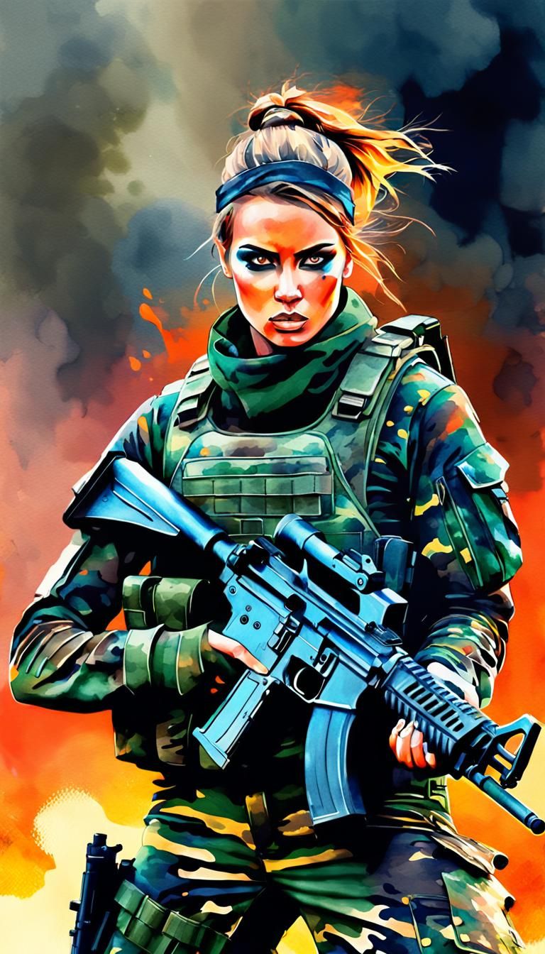 Fierce Commando Lady in Digital Watercolor Style