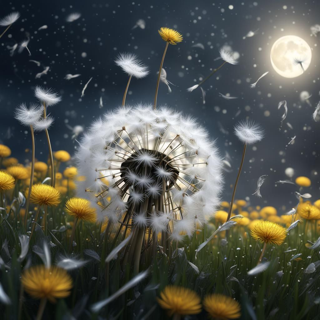 Dandelion Seeds Illuminated by Silver Moon