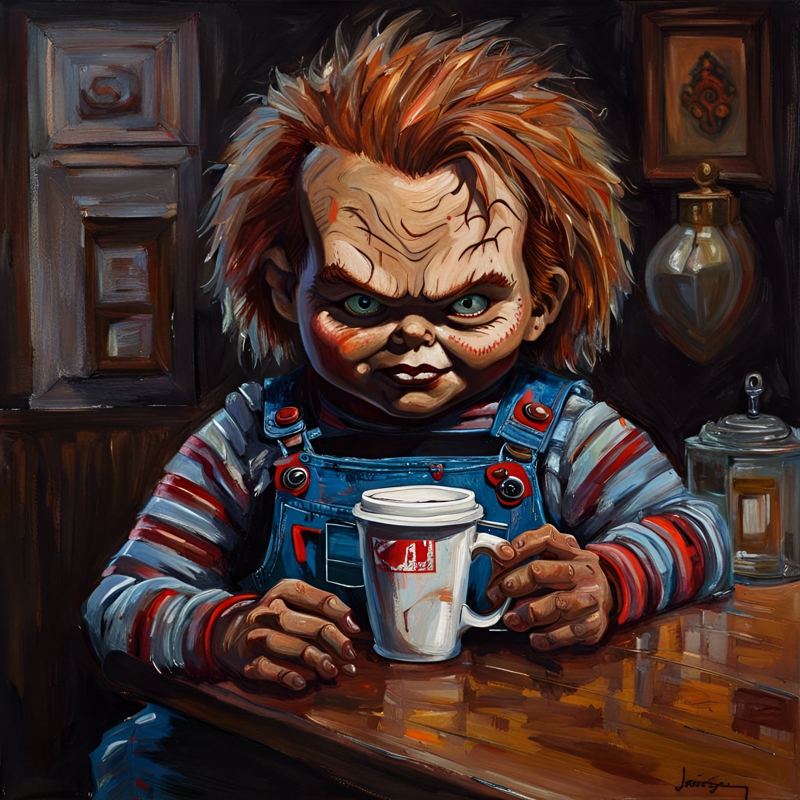 Chucky Drinks Coffee: A Dark Oil Painting