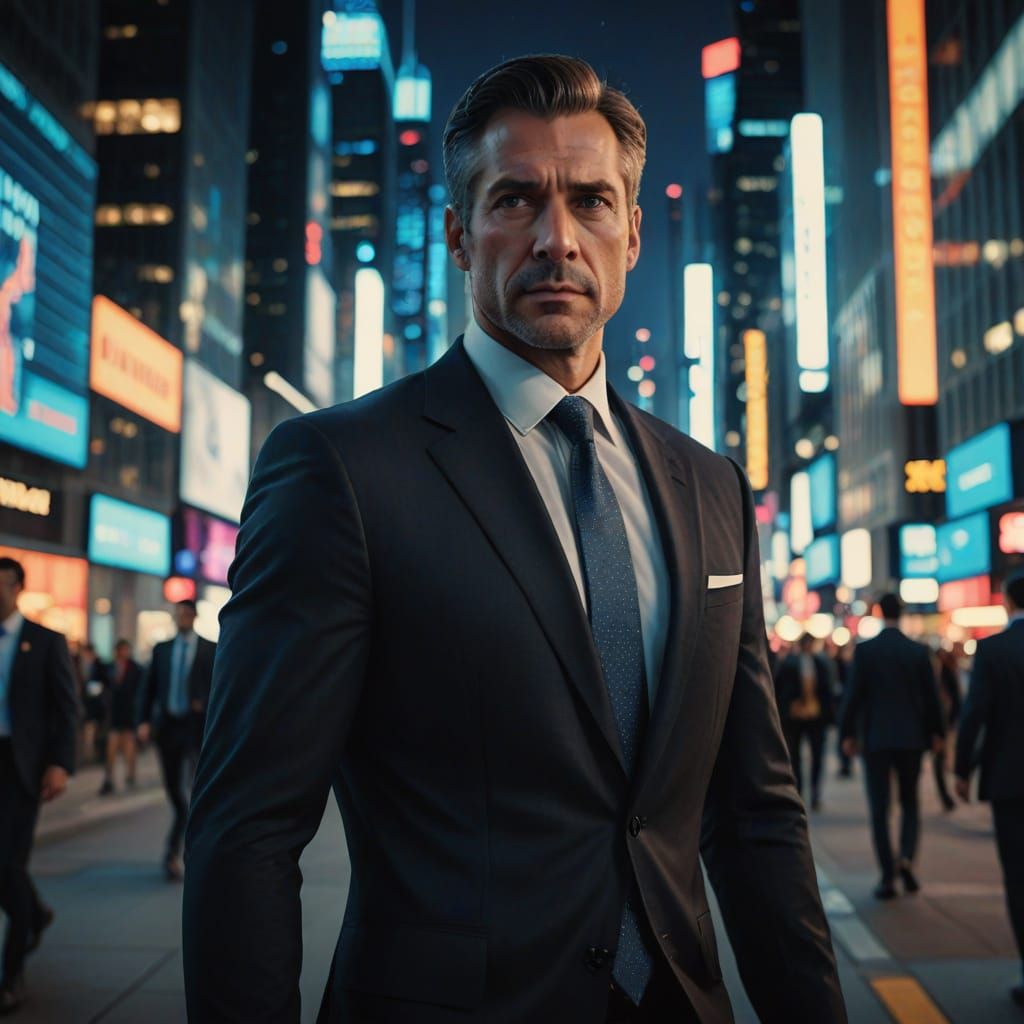 Confident Executive in Futuristic Night Cityscape