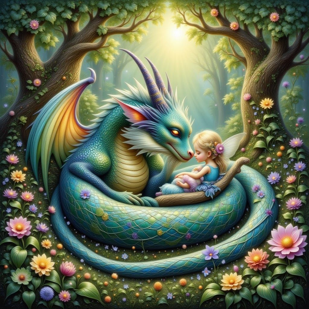 Dragon Guarding Sleeping Fairy in Cozy Fantasy Style