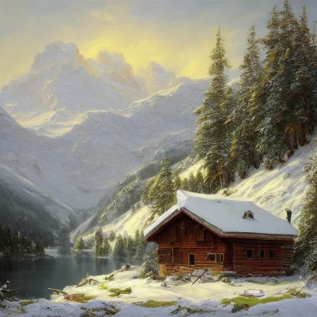 Highly detailed Oil on canvas painting of a Snow covered cabin in the swiss alps near a lake.