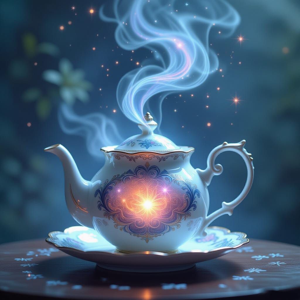 Ornate Teapot with Flowing Stardust Mist