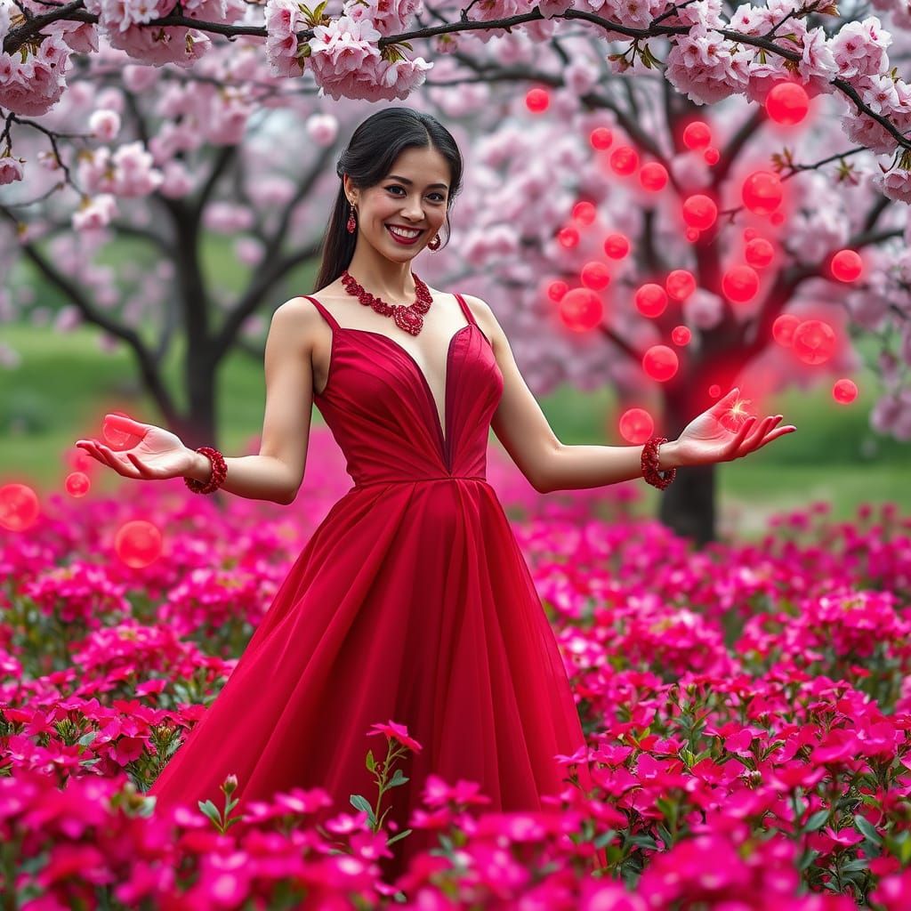 Enchantress Casting a Spell in Pink Flower Meadow
