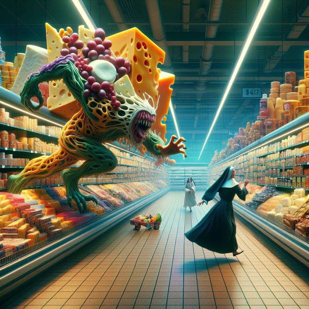 Cheese Monster's Supermarket Chase: Surreal Digital Art