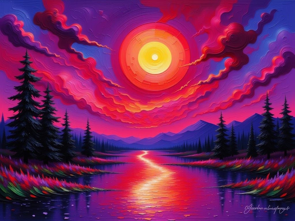 Vibrant River Reflects Fiery Sunset: Impasto Style