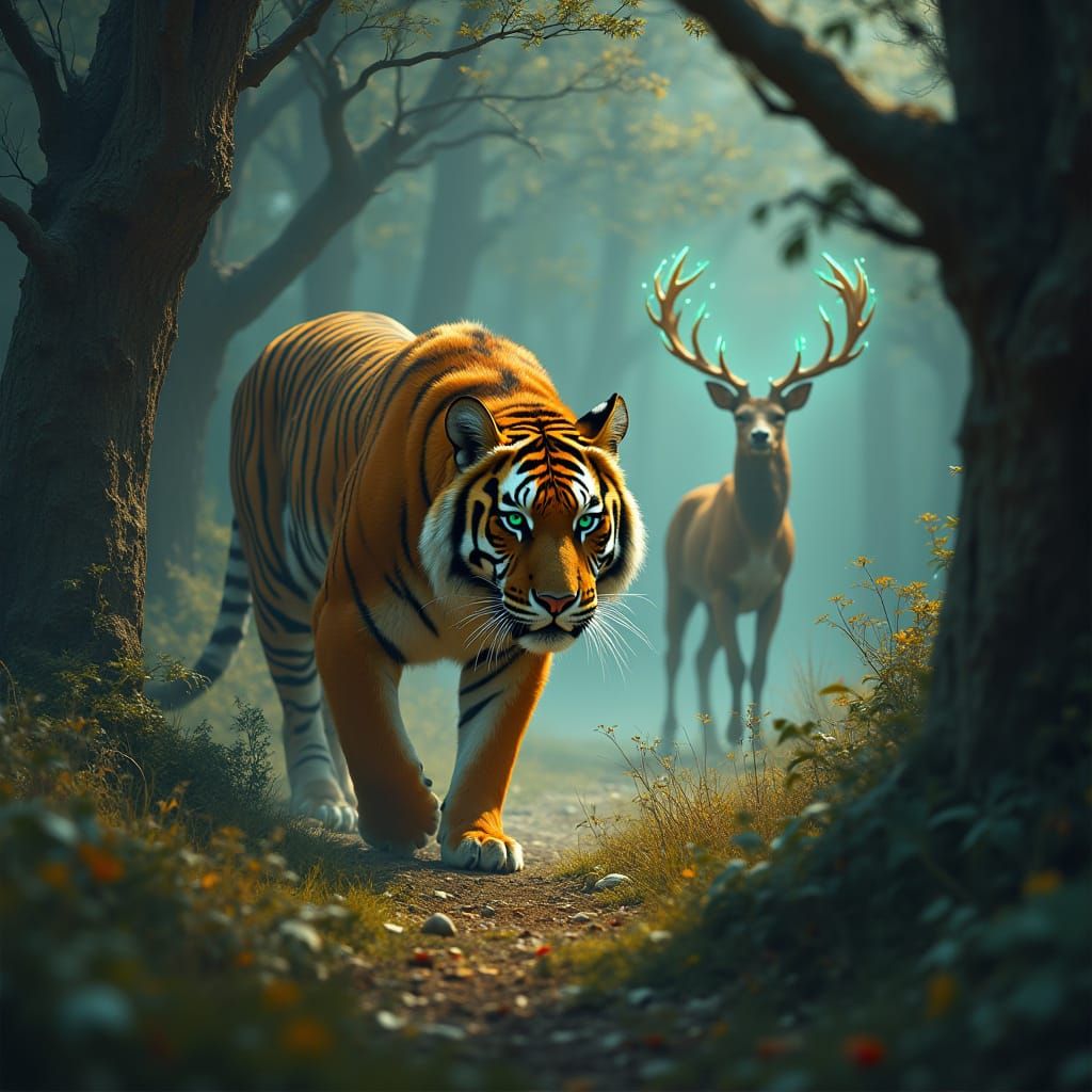 Majestic Tiger Stalks Ethereal Deer in Mystical Forest