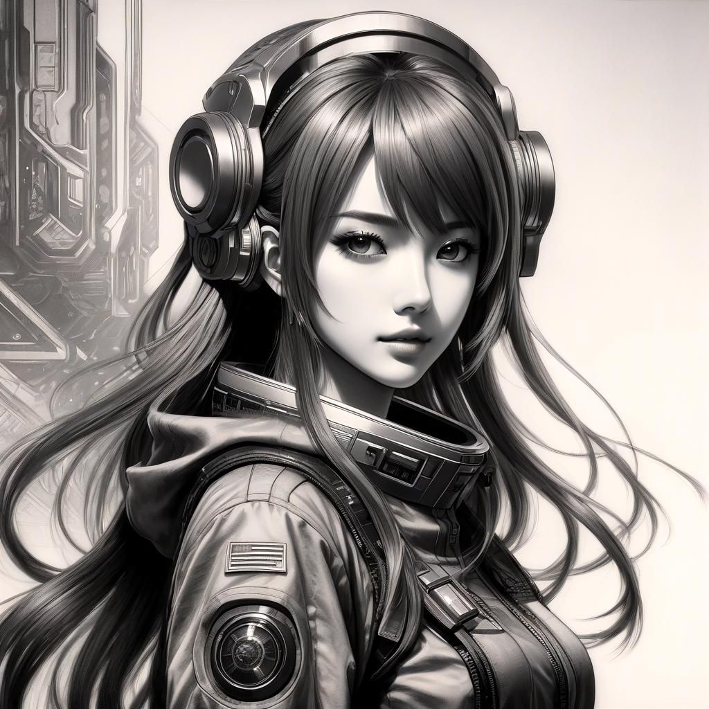 Hyperdetailed Sci-Fi Anime Girl Charcoal Drawing