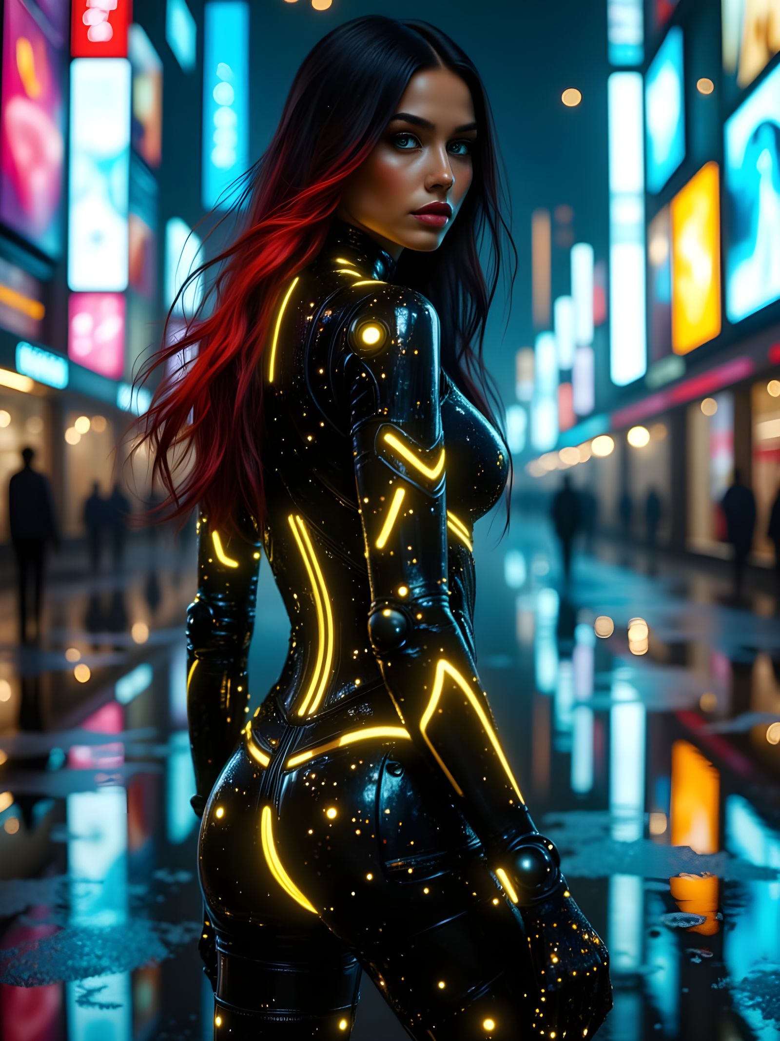 A full-body cinematic, highly <lora:Shadow whimsy:1.0> detailed 8K cyberpunk character with striking red and yellow <lor...