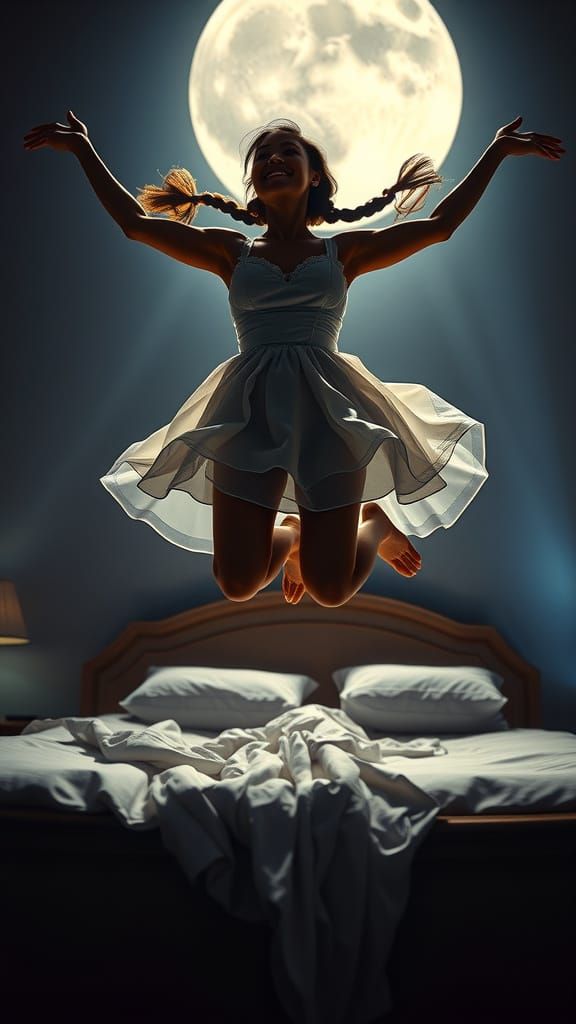 Maid's Joyful Leap in Moonlit Hotel Room