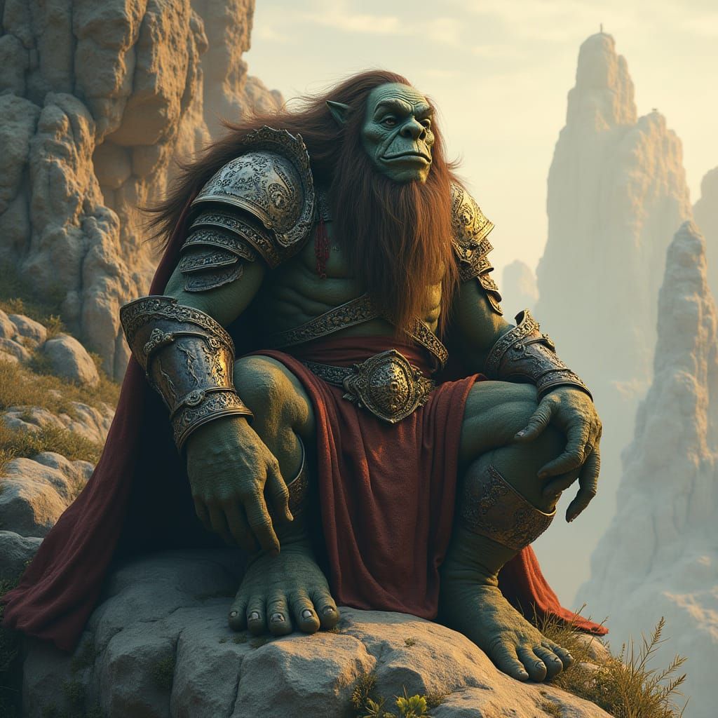 Hyper-Realistic Troll Knight Amidst Rocky Terrain in Evening...