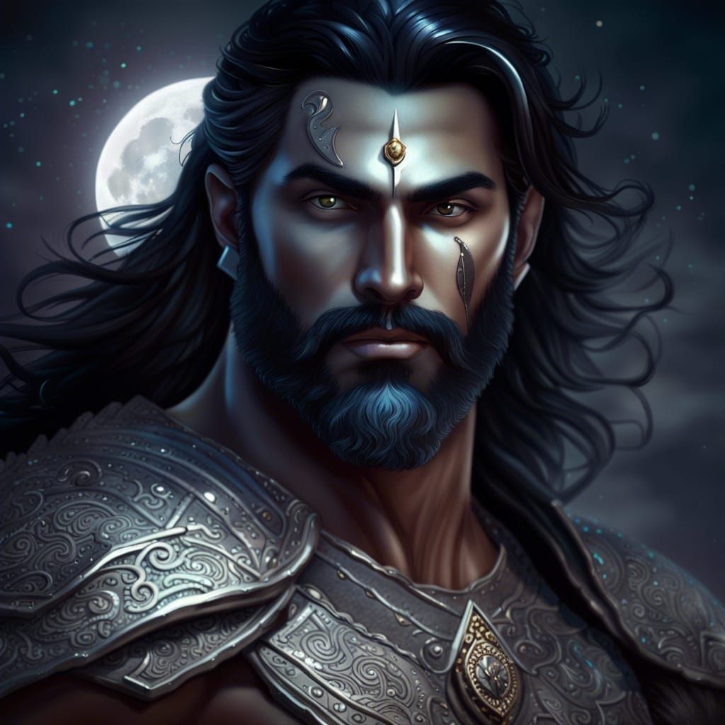 Glowing Man in Silver Armor with Moon