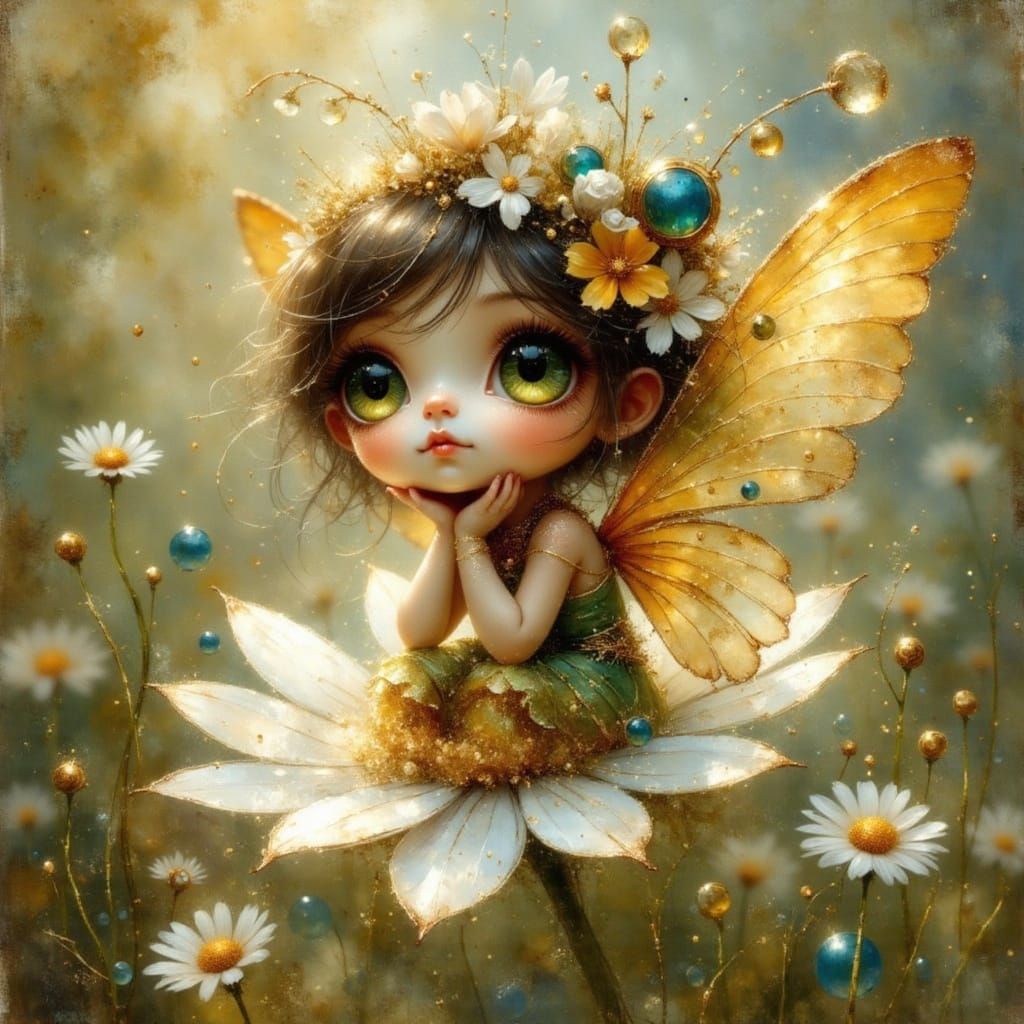 Adorable Chibi Steampunk Fairy on Daisy, Ethereal Style