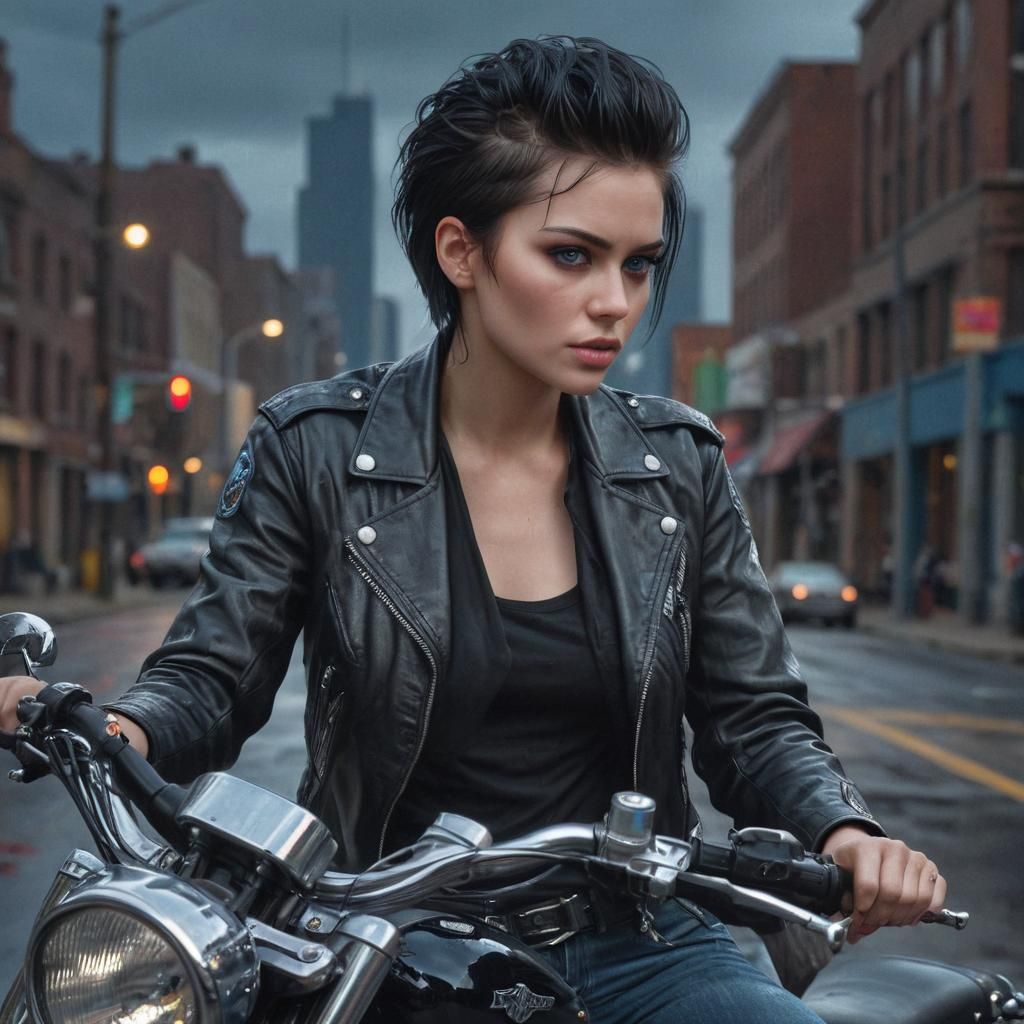 Biker Woman in Neon Cityscape, Cyberpunk Portrait