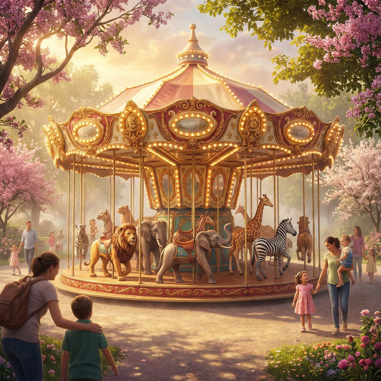Joyful Zoo Animal Carousel Ride in Cheery Setting