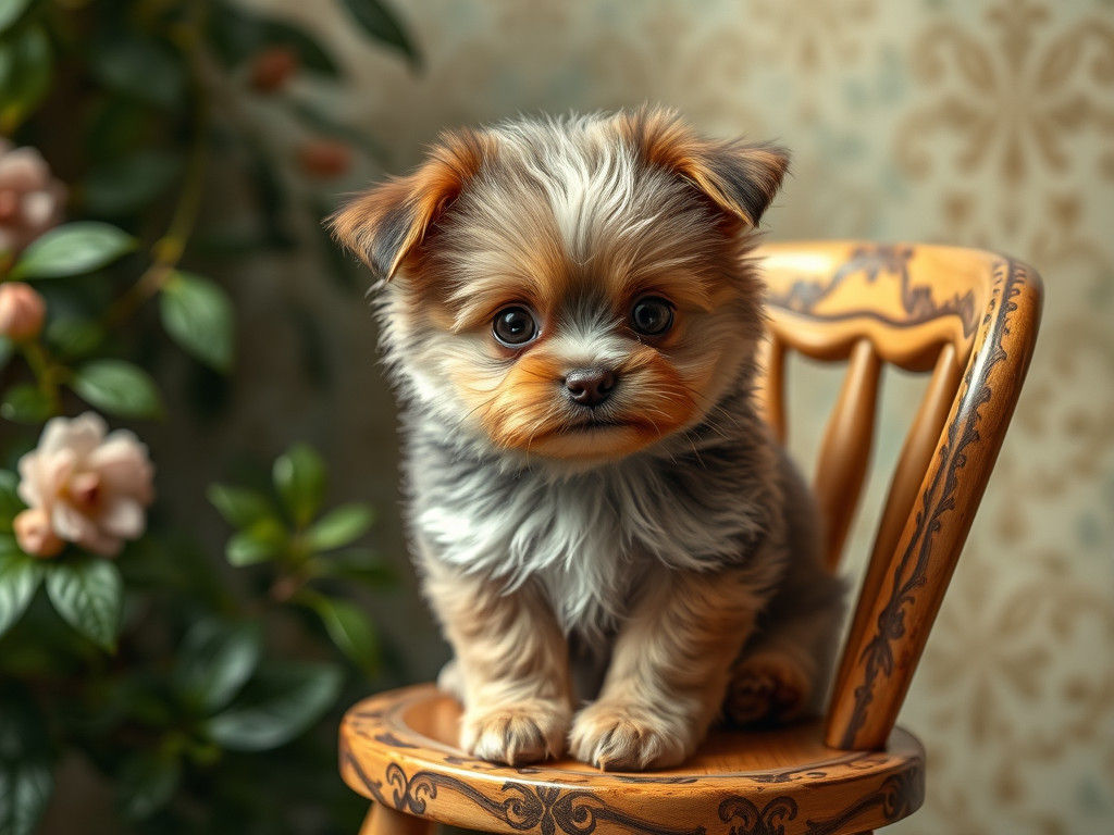 Fluffy Miniature Dog on Vintage Chair, Botanical Illustratio...