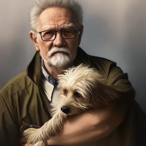 Elderly Man and Dog Portrait in Art Nouveau Style