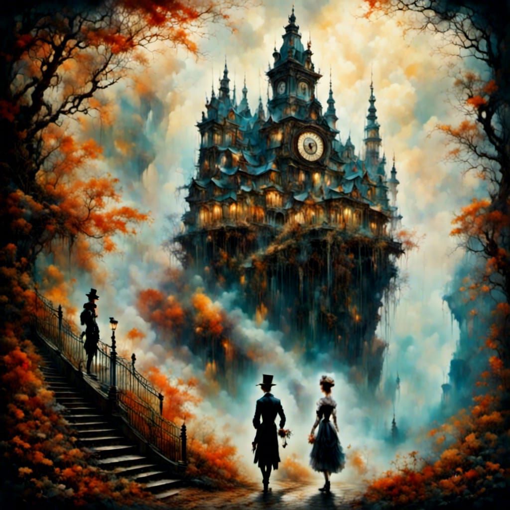 Old Couple and Cuckoo Clock in Dark Fantasy Style