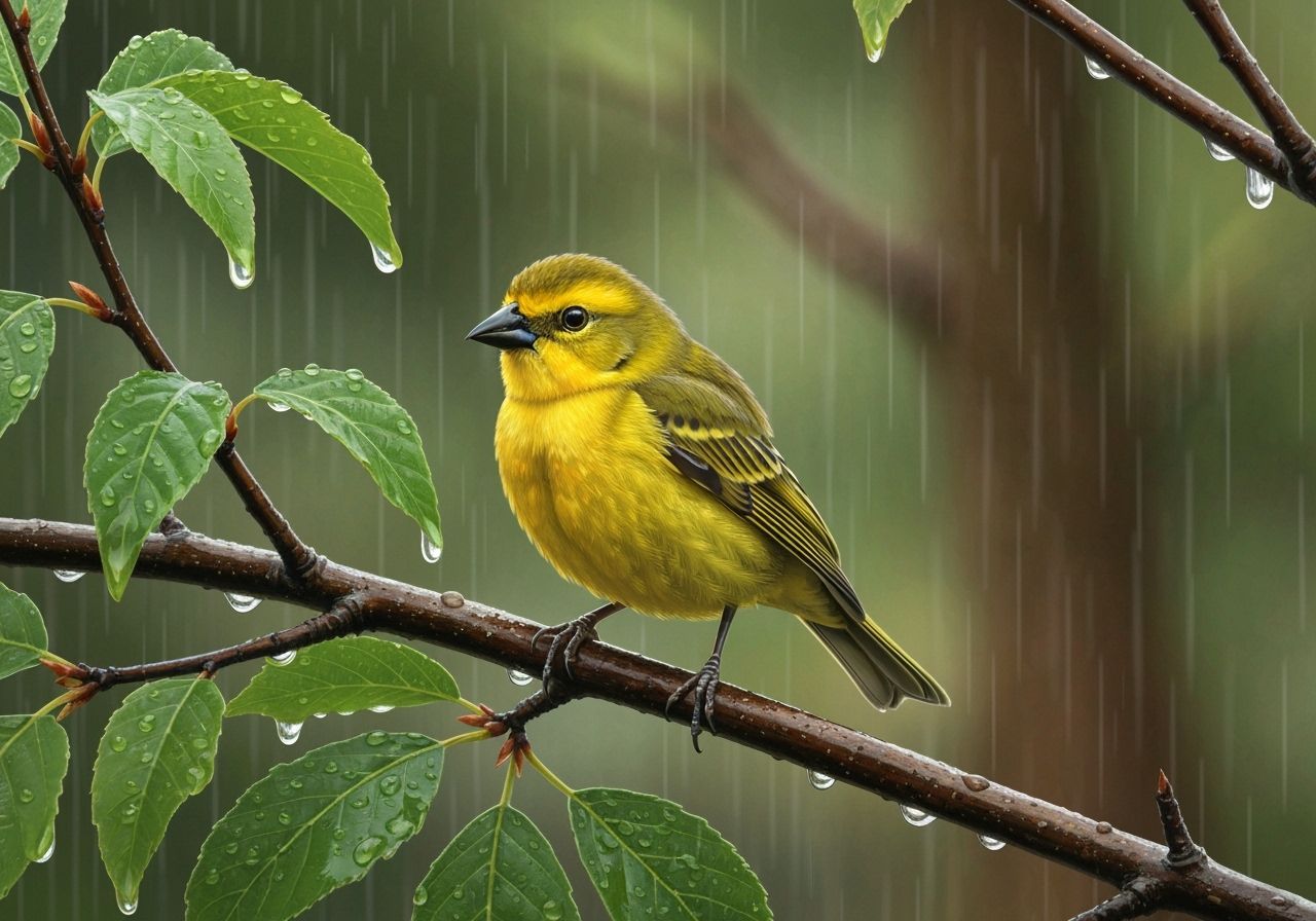 Realistic Yellow Bird on Wet Branch During Rainstorm