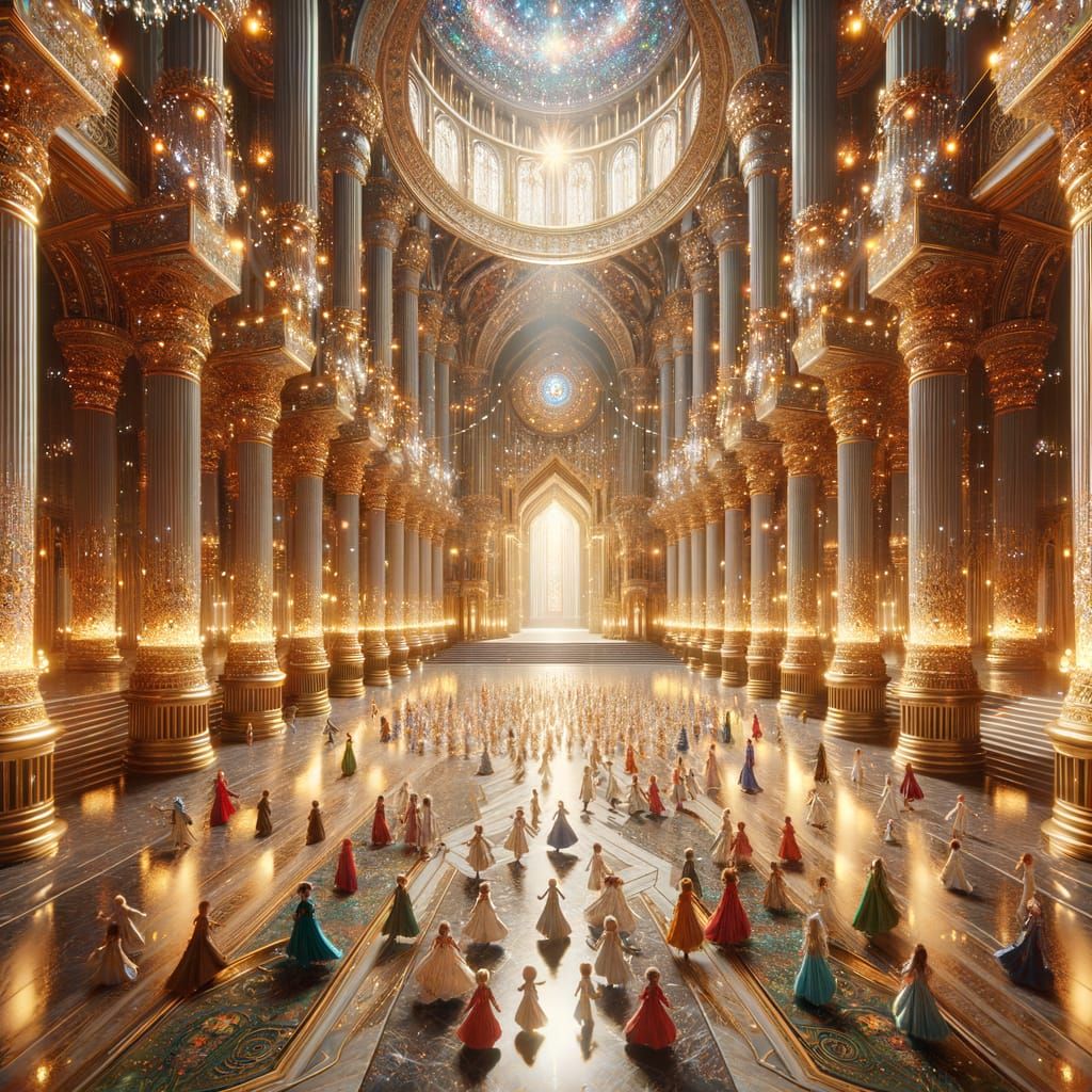 Magical Royal Hall With Golden Pillars and Children