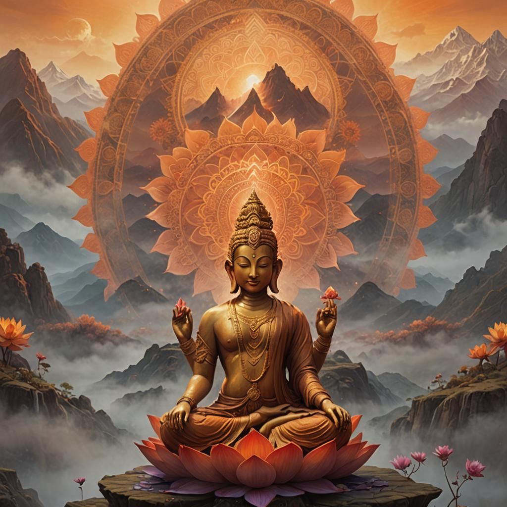 Orange Lotus Blooms with Yoga Figure in Mystical Realism