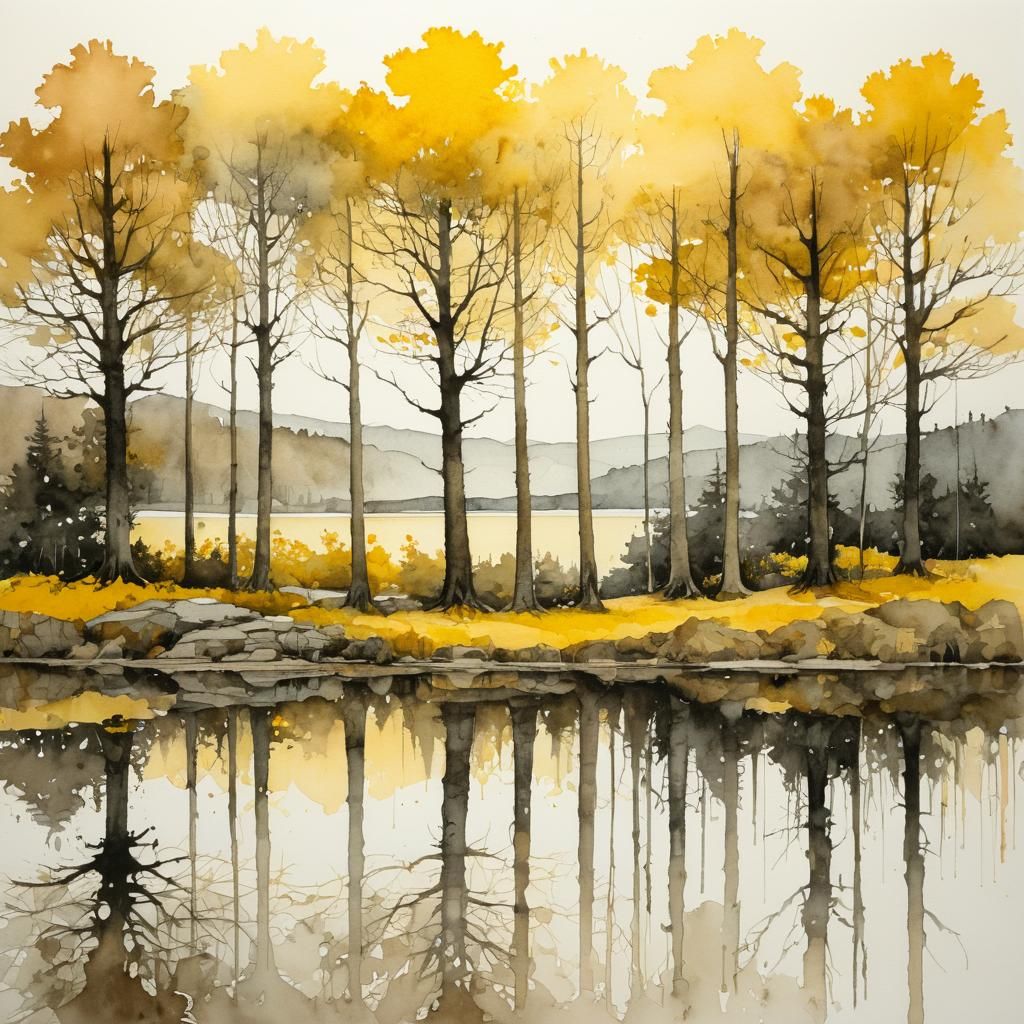 Monochrome Landscape with Lake in Watercolor Style
