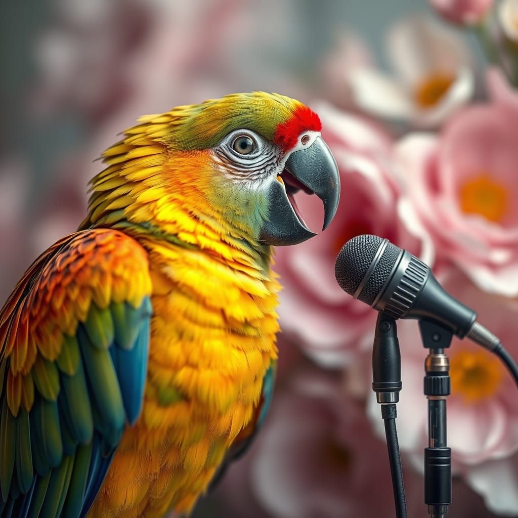 Surreal Oil Painting of Happy Singing Parrot Amidst Whimsica...