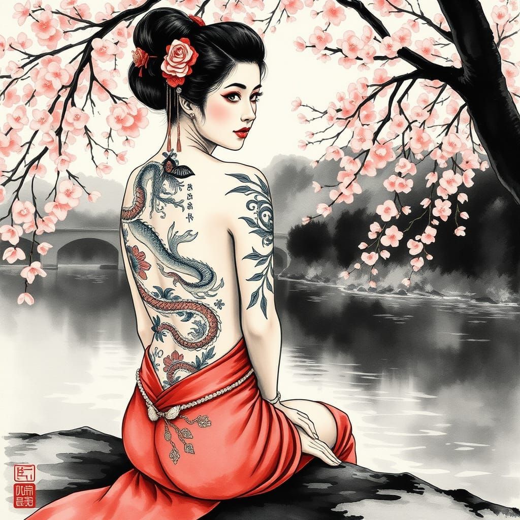 Classic Japanese Geisha in Black and Red Watercolor