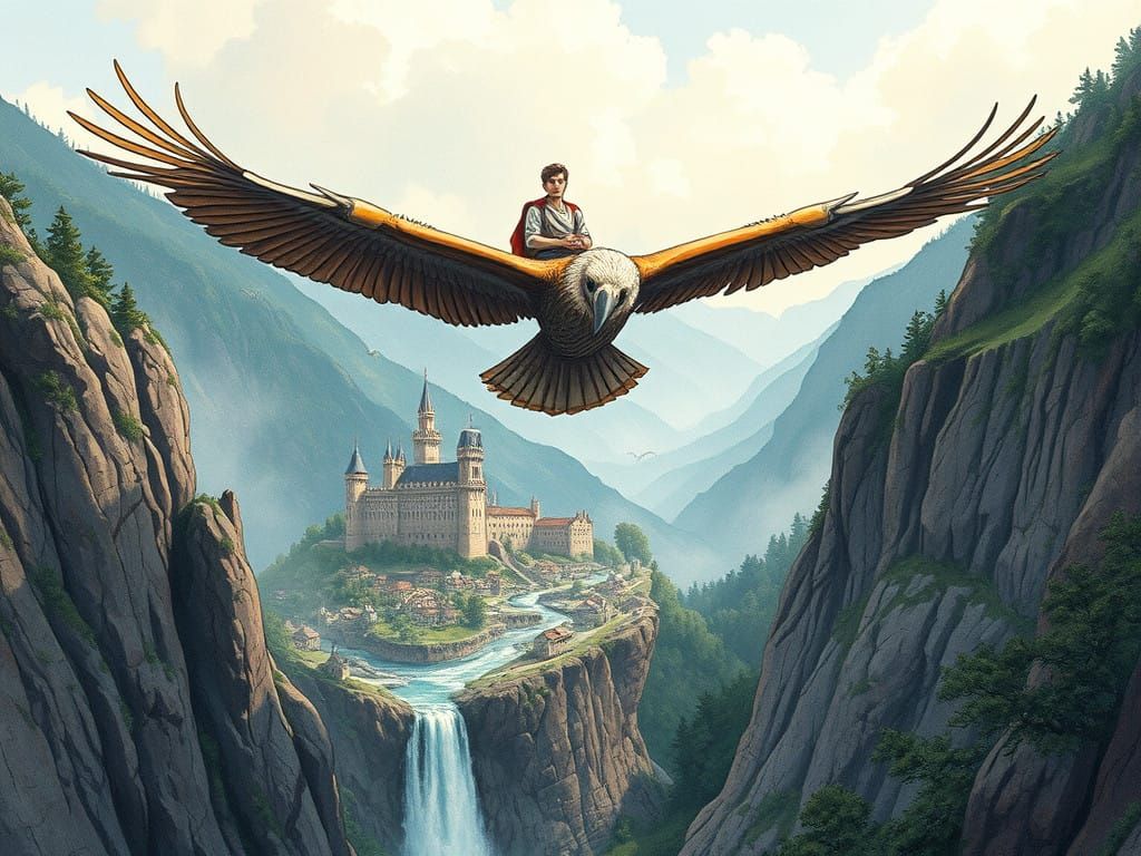 Ethereal Young Hero Soars Over Vintage Castle Village