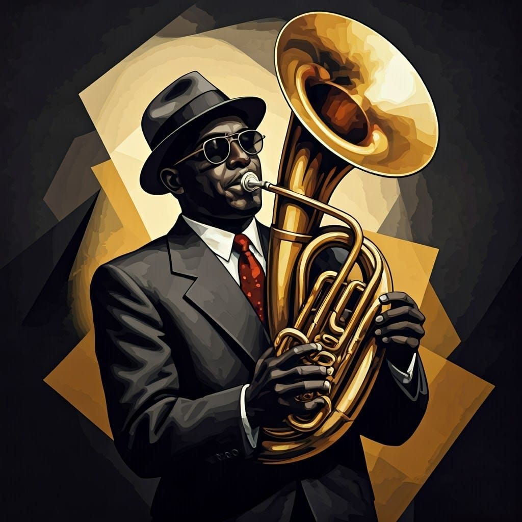 Cubist Tuba Player in 1950s Attire