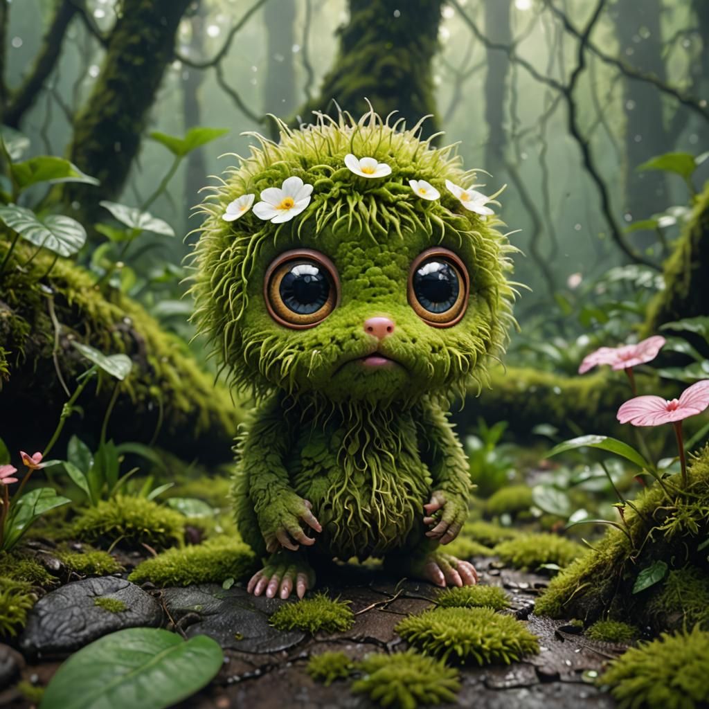 Chibi Moss Creature in Amazon Jungle, Digital Art