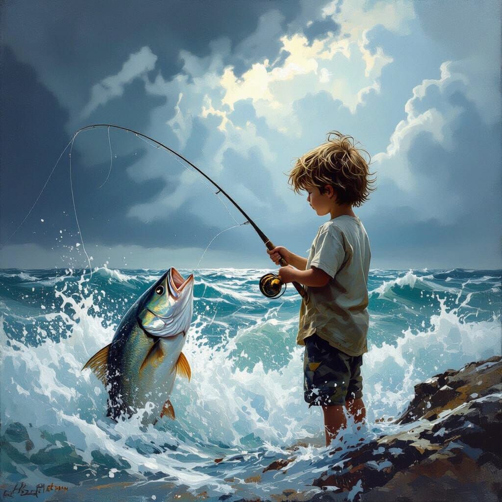 Boy Catches Giant Fish in Stormy Ocean as Fantasy Art