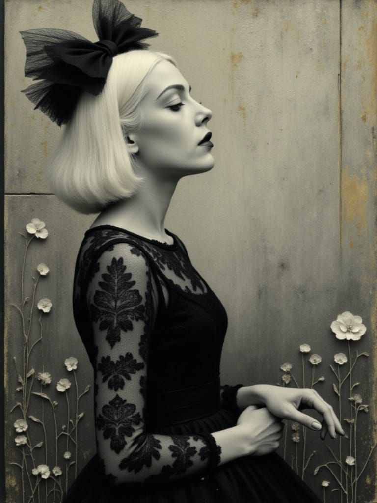 Goth Girl With Albino Hair in White Lace Dress