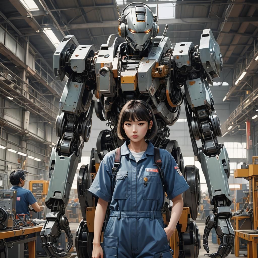 Woman Working on Robot in Hangar: 3D Anime Art