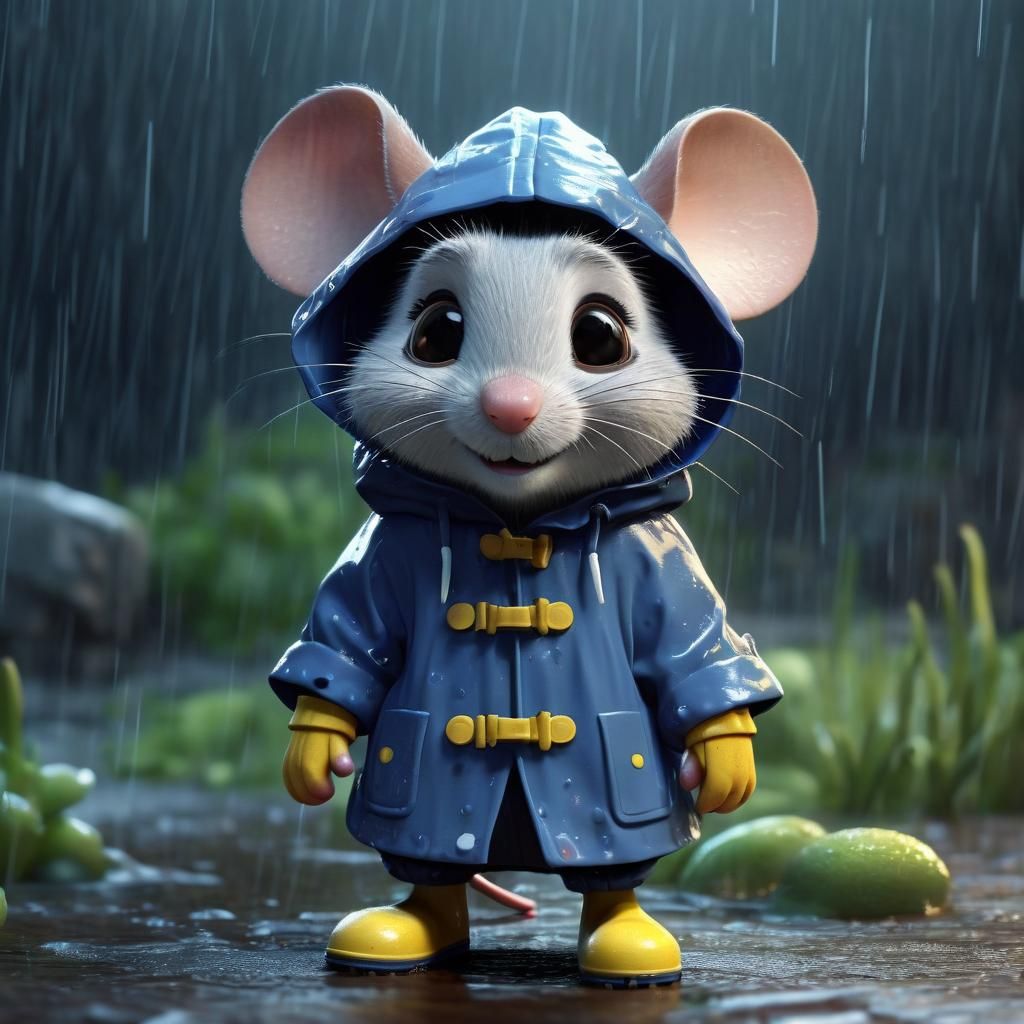 Whimsical Rainy Day Mouse in Disney Style