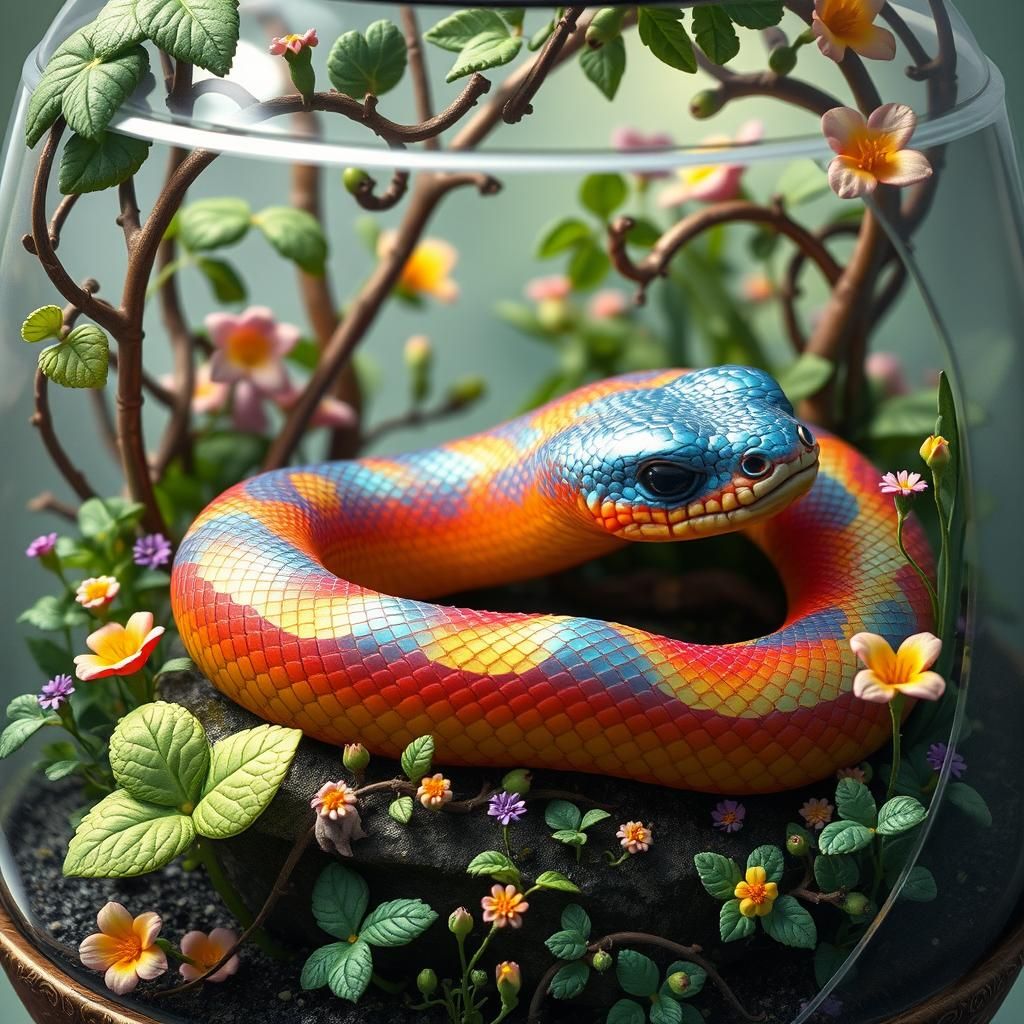 Iridescent Snake in Lush Terrarium, Whimsical Art