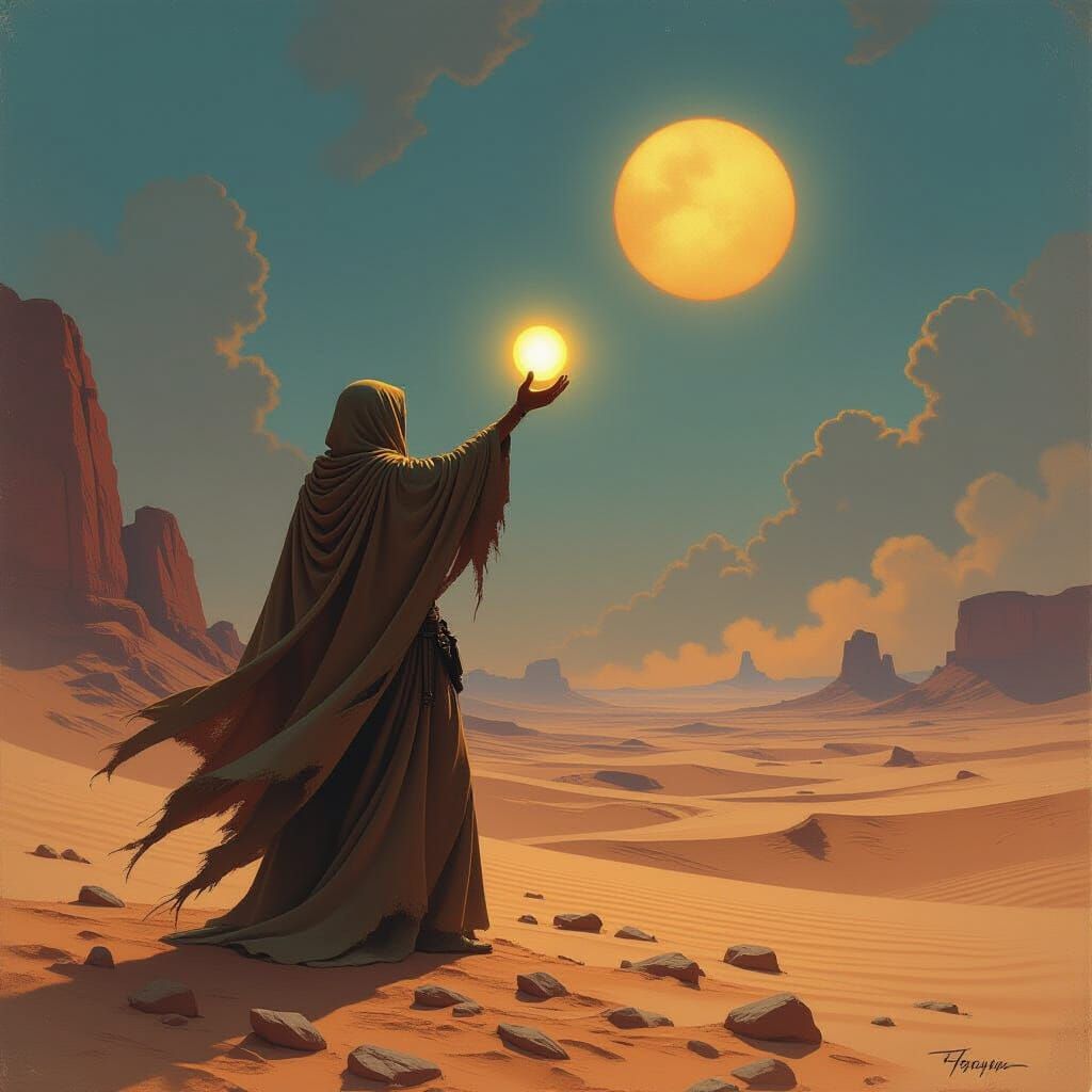 Lone Figure Reaches for Orb on Alien Desert Planet