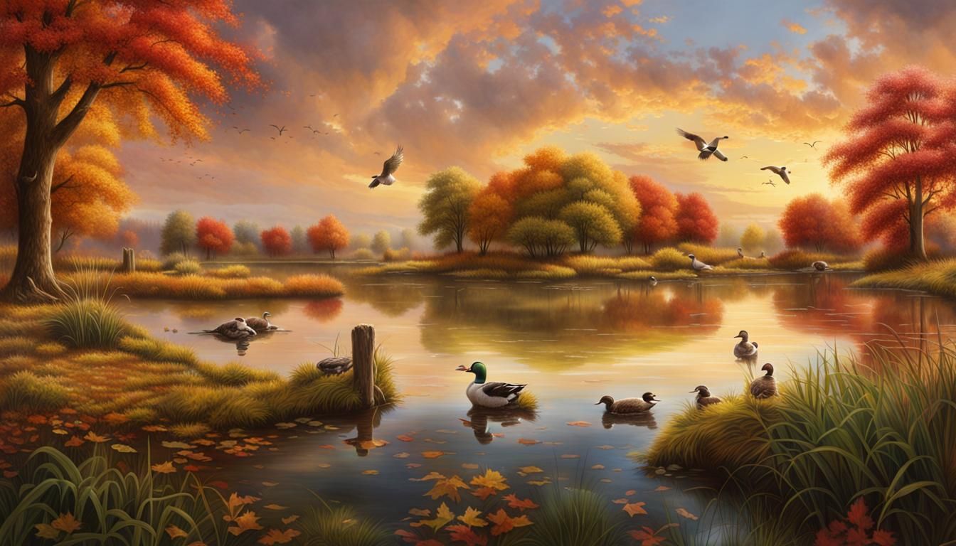 Autumn Pond Scene with Ducks and Dog