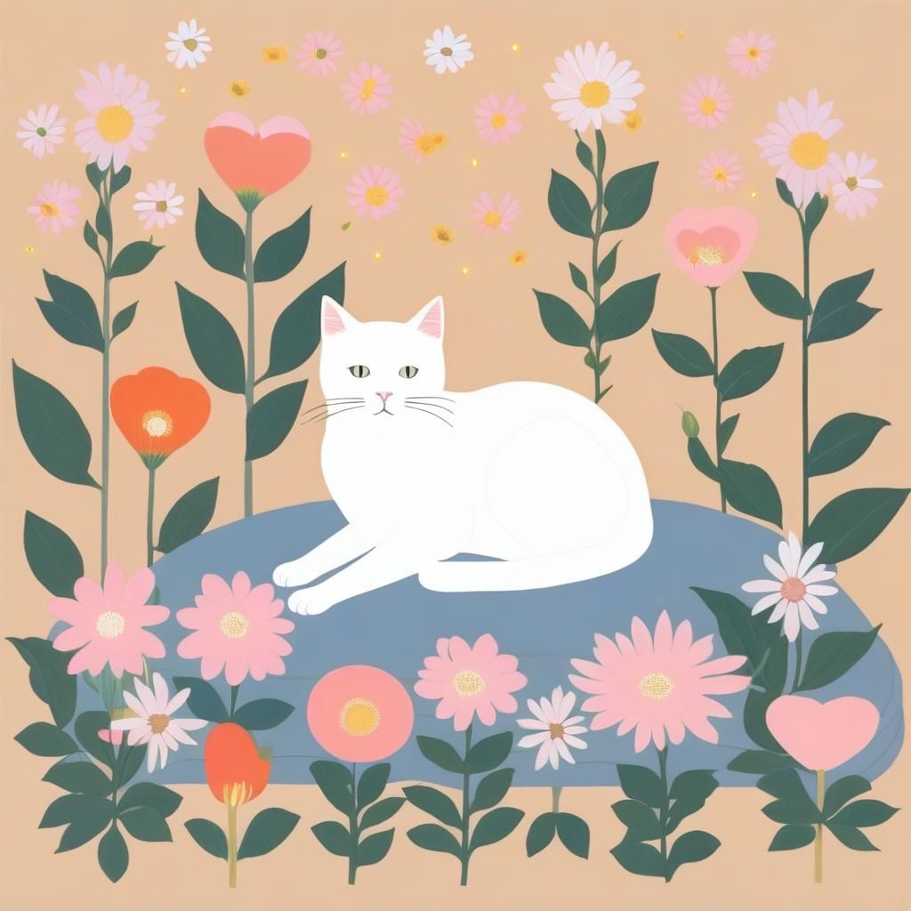 Cat on Pillow Surrounded by Flowers in Minimalist Style