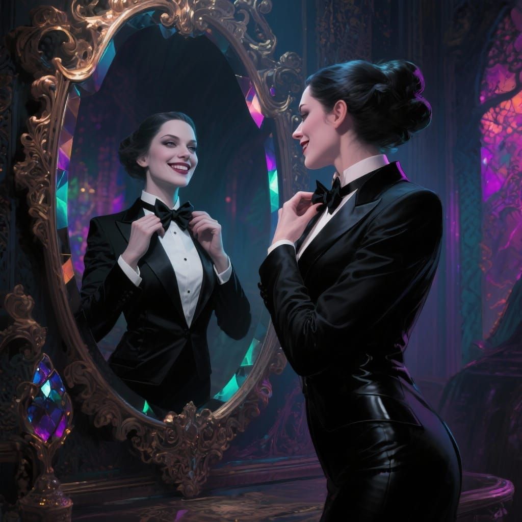 Enigmatic Witch Adjusting Tuxedo Bowtie