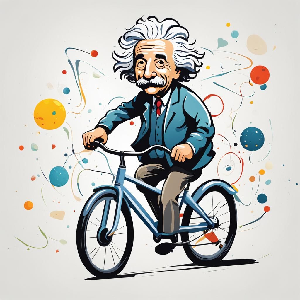 Albert Einstein Bike Ride in Abstract Cartoon Style