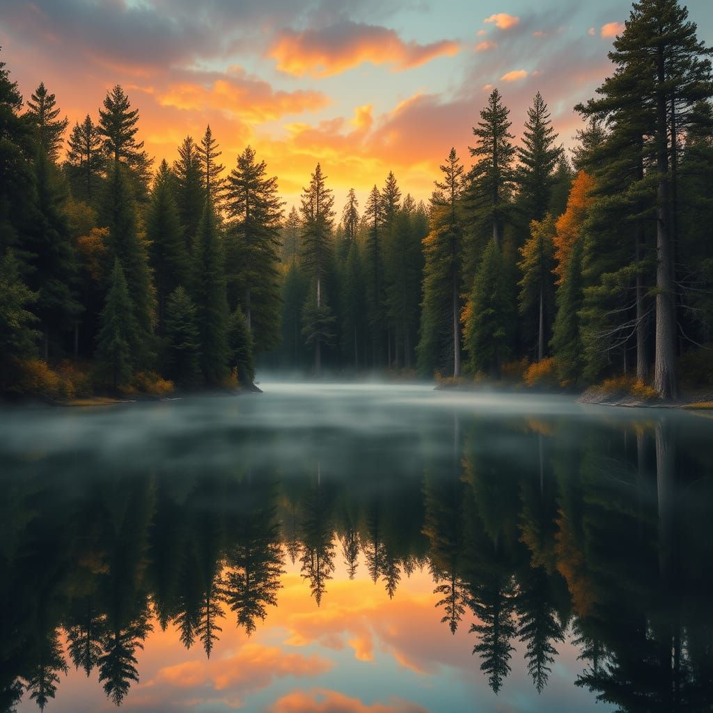 Serene Lake Reflects Old-Growth Forest Under Gradient Sky