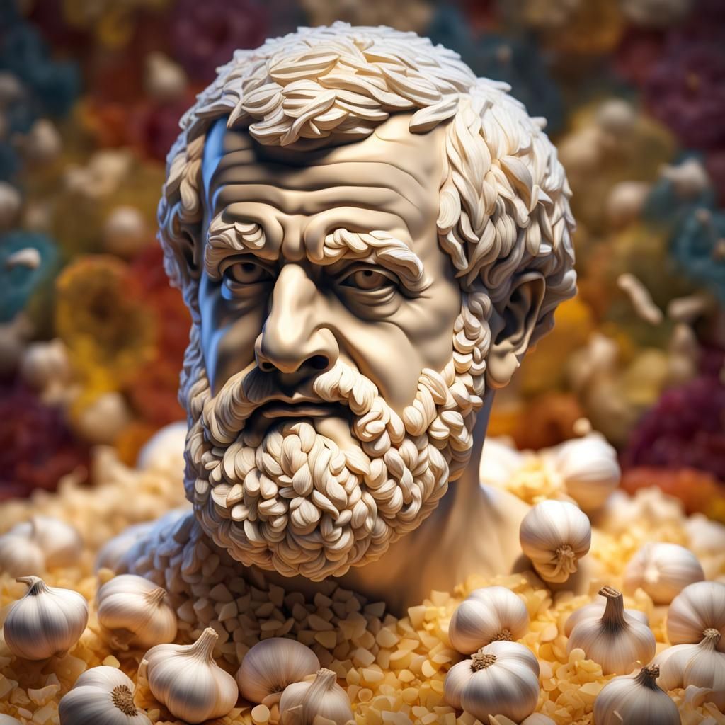 Garlic Aristotle Statue: Hyperrealistic Splash Art