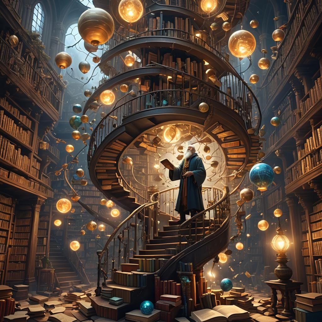 Hermit Surrounded by Flying Books in Fantasy Art