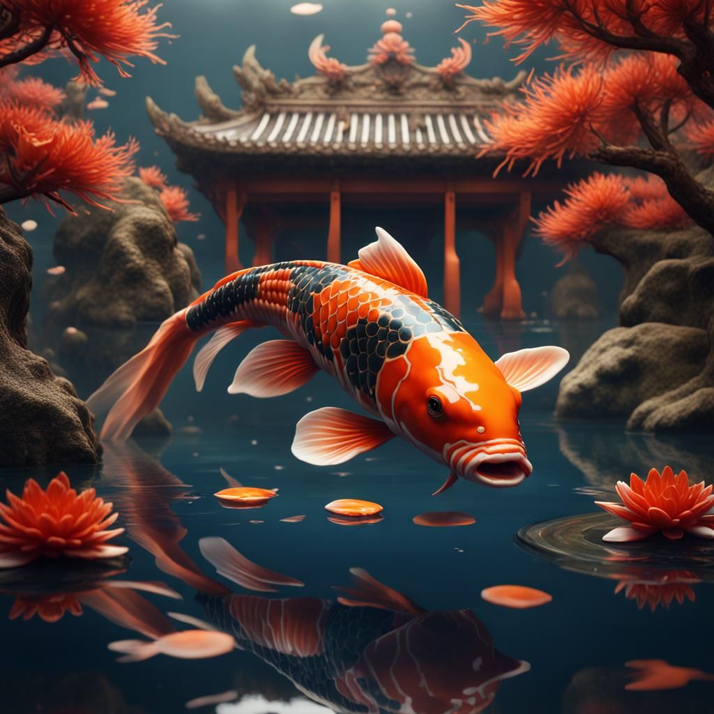 Detailed Koi Fish Matte Painting in Deep Color